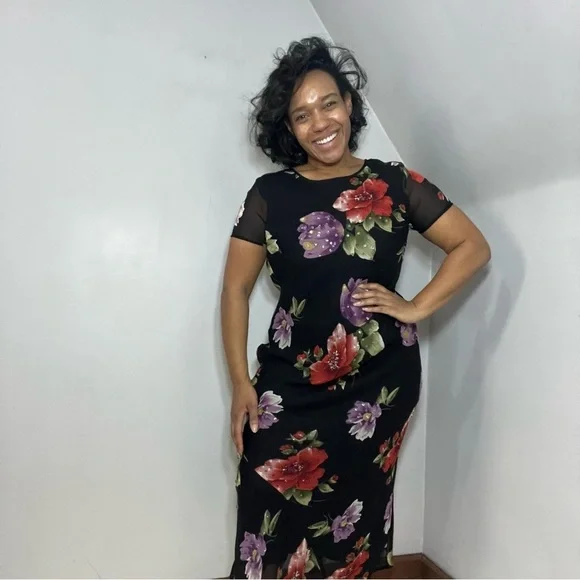 Vintage Floral Maxi Dress Whimsigoth Flowy Evening Gown Cocktail Bloomcore Party - Picture 8 of 16